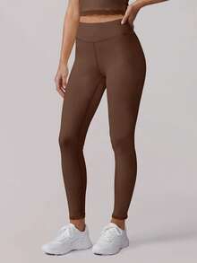 Sodalemon Women's Elastic Waist Yoga Leggings, Contrast Color Lace Solid Color Fitness Bottoms, Running Workout Pants - Brown - View 5