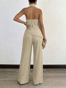 ChicMe Womens Textured 2 Piece Outfits Halter Neck Backless Sleeveless Asymmetric Top With High Waist Wide Leg Pants Set Sexy Date Party Cocktail Outfits - Apricot - View 9