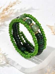 1 buah Gelang Manik-Manik Hijau Berlapis yang Dapat Diatur, Aksesori Perhiasan Liburan Pantai Musim Panas Gaya Boho Chic untuk Wanita dan Sahabat Terbaik - Hijau - View 2
