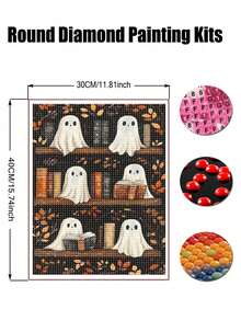 Halloween Cute Ghost Bookshelf Diamond Painting Kit, Fall Autumn Leaf Vintage Book Diamond Art, Full Round Drill DIY Gem Painting For Wall Decor Book Lover Gift - round diamond - View 9