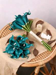 6 Stücke/1 Stück Türkisfarbene künstliche Calla-Lilien aus PU-Material, künstlicher Blumenstrauß, geeignet für Heim- und Hochzeitsdekoration, Innen- und Außendekoration, Gartendekoration, Partydekoration, - Blau - Übersicht 6