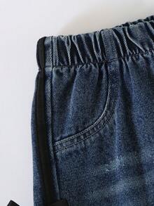 Celana Jeans Denim Model Lebar untuk Anak Perempuan dengan Detail Pita Hitam, Gaya Y2K, Pinggang Elastis, Pakaian Musim Gugur/Musim Dingin - Dark Wash - View 6