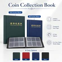 60/120 Pocket Coin Collection Album, Portable Coin Holder Book With Clear Inner Pages, Artificial Leather Coin Storage Organizer For Coins, Tokens, Medals And Badges - A - View 3