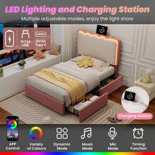 Flieks 3ft Single Upholstered Bed Frame With Adjustable LED Wavy Headboard, 2 Storage Drawers, Pink & Cream White - Pink - View 5