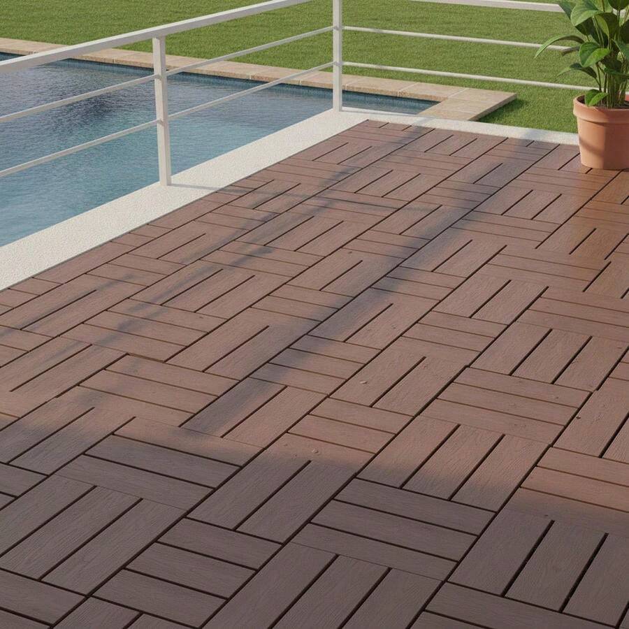 [Free Shipping] H Style 12 Inch Interlocking Deck Tiles, PP Material DIY Snap Together Flooring, Non-Slip Patio Floor Mats For Balcony Porch Poolside Backyard, Easy Installation, Brown, 44 Pack-XY255609 - 1 - View 1