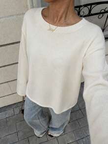 Women's White Long Sleeve Round Neck Drop Shoulder Knitted Top, Cozy Regular Length Pullover For Fall - Apricot - View 1