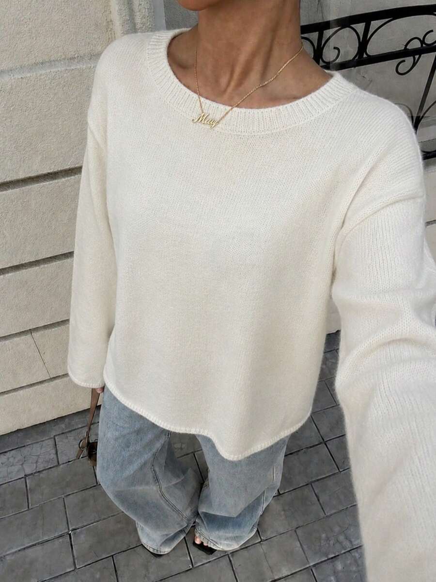 Women's White Long Sleeve Round Neck Drop Shoulder Knitted Top, Cozy Regular Length Pullover For Fall - Apricot - View 1