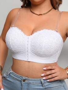 Bra Tanpa Tali dengan Penutup Depan Renda Bunga untuk Wanita Ukuran Plus, Nyaman & Bernapas, Dukungan Samping Push-Up, Pengait Multi-Baris, Tali Transparan yang Dapat Dilepas - Putih - View 12