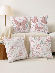 shangxia 4PCS- Bean Paste Pink Gentle Butterfly Branch & Leaf Print Pillowcase, Low Saturation Soft Pink Floral Leaf Heart Pattern Cushion Cover, Living Room French Cream Soft Decor Pillow- (Pillow Insert Not Included) - (Printed) - (No Embroidery) - Multicolor - View 11