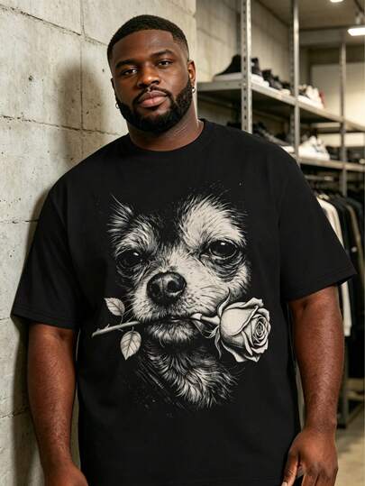Plus Size Men's Streetwear, Men's Vintage T-Shirt, Graphic T-Shirt, Men's Street Series "Black And White Sketch Chihuahua With Rose Vintage Print Animal Graphic" Short Sleeve Sports Tee - Polyester Fabric, Crew Neck Design, Suitable For Plus Size Body
