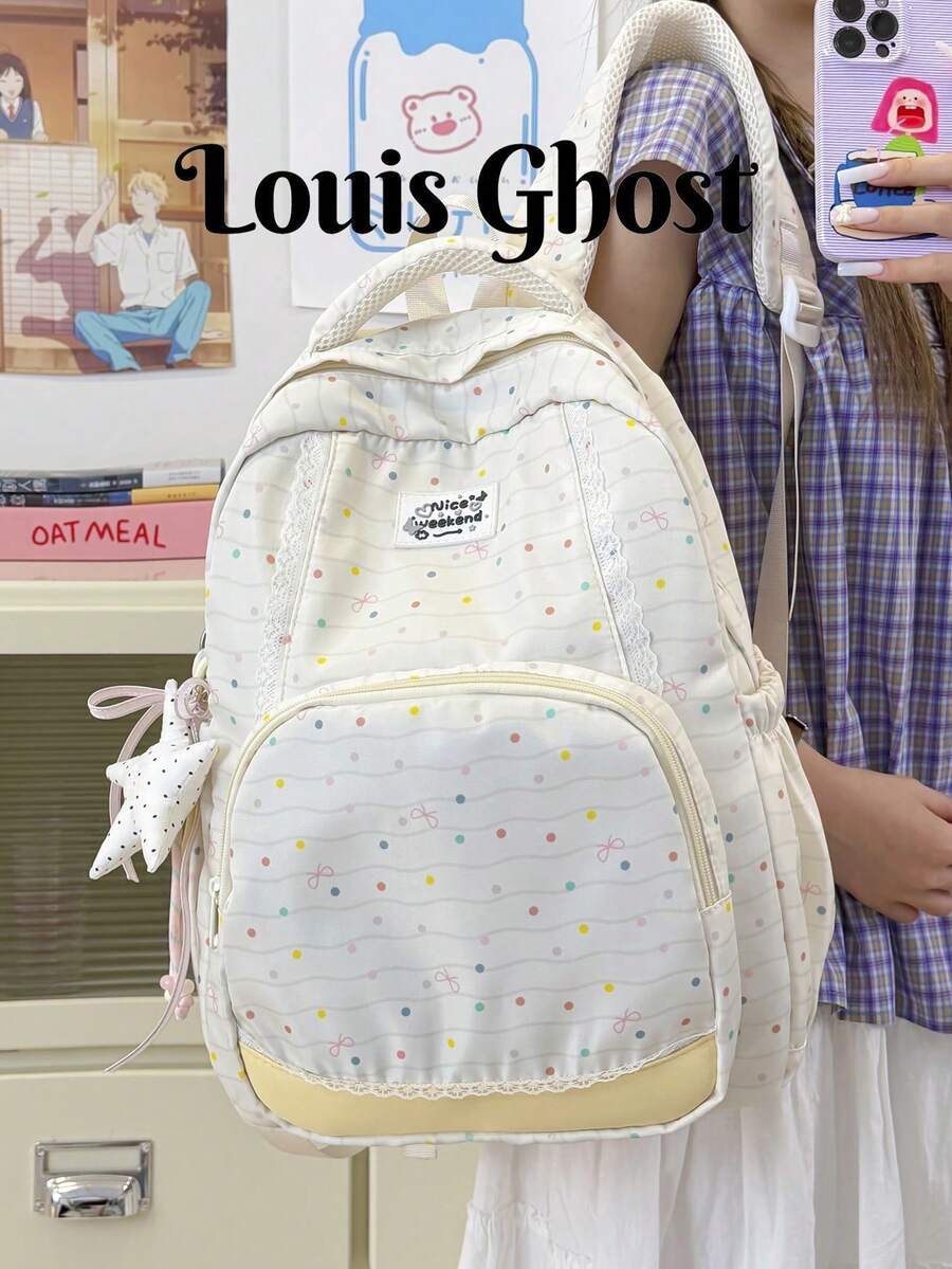 Sac à dos grande capacité, sac d'école style doux à pois pour les étudiants du lycée et de l'université, sac à ordinateur pour les déplacements. Compartiments scientifiques, convient pour l'ordinateur portable, les livres, les cosmétiques, le parapluie, dites adieu au désordre. Que ce soit pour les cours quotidiens, les déplacements, les sorties en famille le week-end ou les voyages locaux, il peut tout gérer parfaitement ! Aucun pendentif inclus.