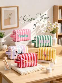 Women's Personalized Striped Makeup Bag, Customized Name Cosmetic Storage Bag, Fashion Travel Toiletry Organizer, Portable Toiletry Bag, Preppy Striped Storage Bag, Bridesmaid Gift, Beach Vacation Essential, Women's Birthday Gift - Multicolor - View 2