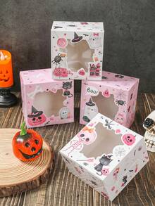 4 piezas Cajas de regalo de Halloween con ventana, patrón de fantasma, calabaza y calavera de Halloween, caja de dulces de Halloween rosa con ventana, caja de galletas, caja de cupcakes, caja de postres, contenedor de alimentos, suministros de embalaje de regalos de Halloween, suministros para fiestas de Halloween, decoraciones de Halloween, decoración del hogar, decoración de mesa de cocina, suministros de repostería, decoraciones de fiesta de Halloween feliz, regalos de Halloween, cajas de recuerdos de fiesta de Halloween - rosa de Halloween - Ver 5