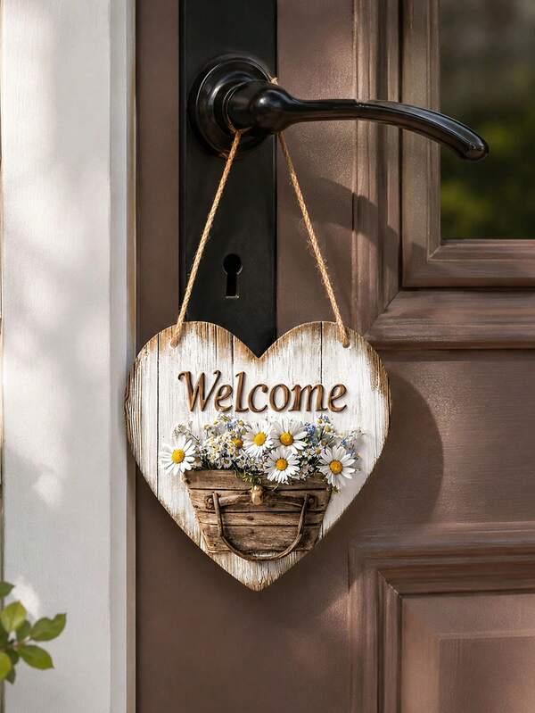 1 pièce Décoration murale de bienvenue en forme de cœur en bois, panneau de porte floral rustique de style ferme, décoration de porte de ferme en bois, peut être accroché sur la clôture du jardin, la porte d'entrée, le porche, le patio et le mur intérieur