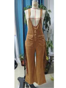 2026 New Retro Western Overalls For Women Suede Tassel Decorated Wide Leg Pants With Pockets Cowgirl Y2K Vintage Denim Jumpsuit Fashion  Fall Outfit - 深棕色 - 查看 4