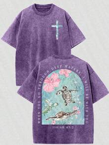 2026 Summer Clothes(230g T-Shirt) Loose Washed Cotton "When You Go Through Deep Waters" Turtle Graphic T-Shirt, Comfortable Christian Faith Tee With - 紫色 - 查看 9
