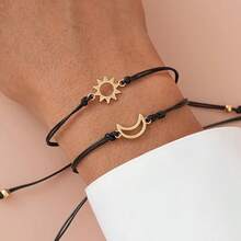 2pcs/Set Sun & Moon Black Wax Rope Bracelet Set, Gold Hollow Sun & Moon Pendant Adjustable Braided Rope Couple Bracelet, Minimalist Promise Jewelry - Sun and Moon - View 1