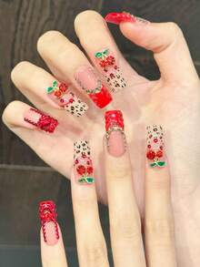 Long Rectangle Fake Nails Cherry Red Leopard Print 10 Pieces Handmade Press On Nails - Red - View 8
