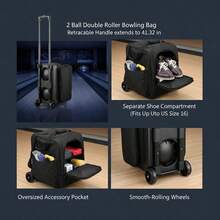 Dual Ball Rolling Carrier 31x12x17in For Bowling Alley Tournament Practice, Padded Compartment Shoe Pocket Retractable Handle Heavy Duty Wheels 600D Fabric 2-Ball Capacity Accessory Storage Adjustable Pull Bar-XY102762 - Multicolor - View 5