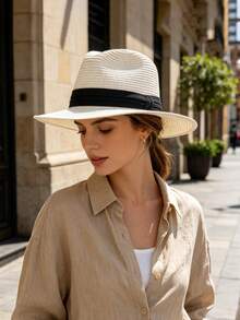 Women's Colorblock Fashion Summer Sun Protection Versatile Woven Jazz Wide Brim Straw Hat, 1pc - Khaki - View 7