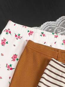 3pcs Baby Girl Autumn All-Match Set, Coffee & Apricot Striped & Floral Flared Pants, 3-Piece Set, Elastic Waist Design, Comfortable Fit, Minimalist Solid Color Style, Practical & Versatile, Baby Flared Pants, Fashionable Daily Wear, Infant Outdoor & Vacation Outfit - Multicolor - View 4
