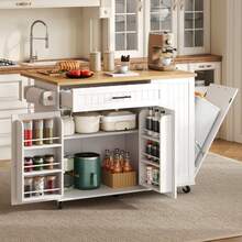 Mobile Kitchen Island With Folding Worktop, Trolley, Storage Cabinet, Bin Cabinet, Shelf Above The Door, Lockable Casters, 130 * 45 (70) * 93 Cm. - White + Wood Tone - View 1