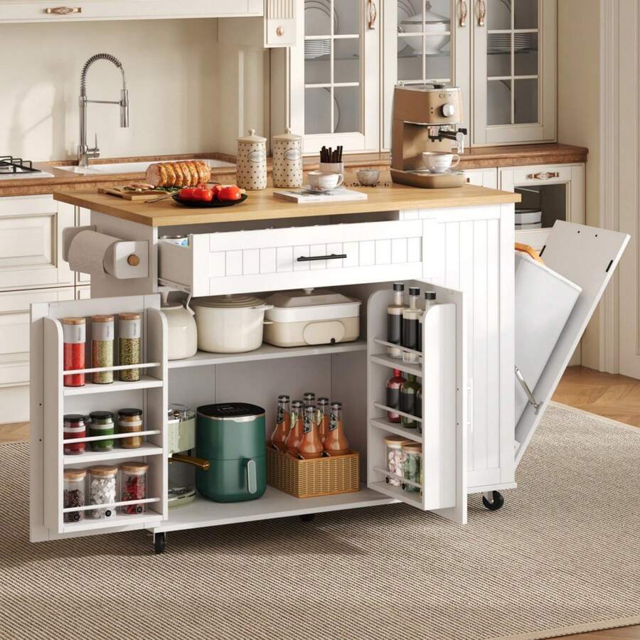 Mobile Kitchen Island With Folding Worktop, Trolley, Storage Cabinet, Bin Cabinet, Shelf Above The Door, Lockable Casters, 130 * 45 (70) * 93 Cm. - White + Wood Tone - View 1