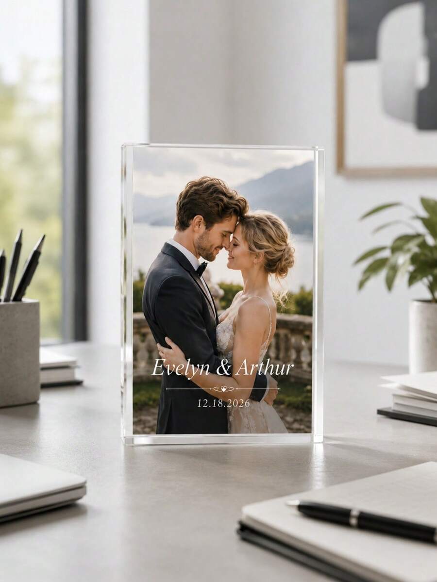 Custom Photo Acrylic Plaque, Personalized Wedding Acrylic Block Gift For Groom And Bride, Customized Name & Date Engraved Home Decor Keepsake Ornament - Multicolor - View 1