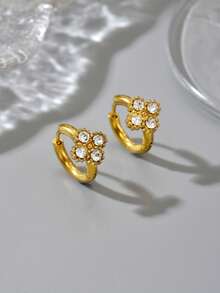 1 Pair Minimalist Stainless Steel Clover Hoop Earrings, Zirconia Clover Stud Earrings, Elegant For Women's Daily Wear And Dating - Gold - View 2