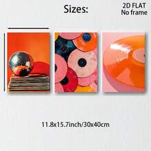 3-Piece Frameless Vintage Music Canvas Poster - Bright Pink And Orange Disco Ball Vinyl Record Wall Art Print, Bedroom Dorm Modern Minimalist Photo Wall Decor, Minimalist Academic Style Room Decoration, Holiday Decoration Gift. - 3pcs-orange-rimless - View 12