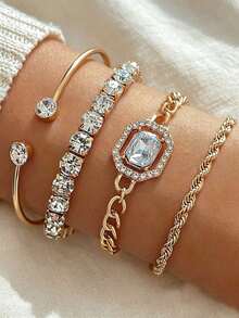 4pcs Elegant Luxurious Rhinestone Faux Gemstone Tennis Chain Bracelets, Stackable, Women's Daily Jewelry Accessories, Gift For Girlfriend Or Mother - Yellow Gold - View 1