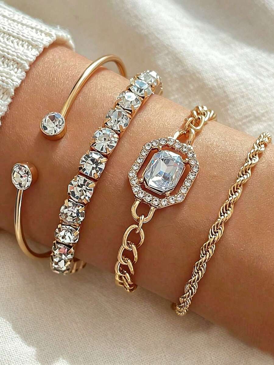 4pcs Elegant Luxurious Rhinestone Faux Gemstone Tennis Chain Bracelets, Stackable, Women's Daily Jewelry Accessories, Gift For Girlfriend Or Mother - Yellow Gold - View 1