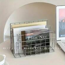 Modern Silver Office Book Storage Rack, Fashionable Metal With Storage Basket, Modern Magazine & Newspaper Organizer, Suitable For Home Office Decor Nordic Style Iron 3-Tier Bookshelf, Desktop And Drawer Storage Box - A - View 4