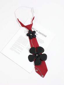 1PC Women's Burgundy 3D Black Flower Rhinestone Chain Tie-Less Bow Tie, Sweet Cool JK School Style Shirt Decorative Bow - Red Background With Black Flowers - View 4