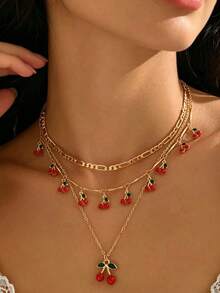 3pcs/Set Summer Sweet Cherry Pendant Necklace, Niche Design Collarbone Chain, Pastoral Style Double Layer Layered Heart Neck Chain Set - Gold - View 4