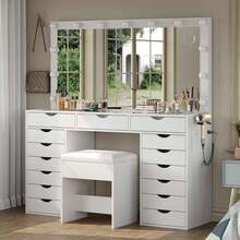 FUSOU 15 Drawers Dressing Table With Power Outlet, Makeup Vanity With  Mirror And 13 LED Lights, 3 Color Modes, Adjustable Brightness, Glass Top Vanity For Dressing Room Bedroom - White - View 5