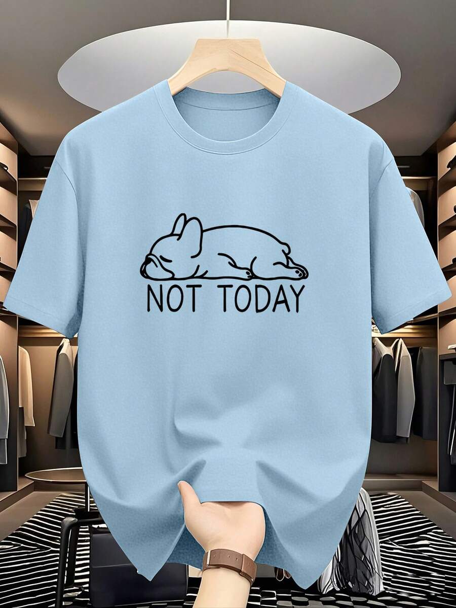 Summer Casual Versatile "NOT TODAY" Lazy Puppy Print Crew Neck Short Sleeve T-Shirt - Baby Blue - View 1