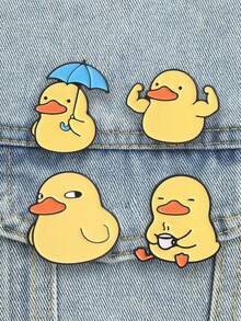 4 piezas de alfiler de esmalte con diseño de pato de dibujos animados lindo, sosteniendo un paraguas, haciendo ejercicio, bebiendo té, insignia de acción de estilo, accesorio de moda, regalo para amigos - Multicolor - Ver 5