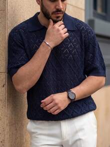 Maglietta in maglia con colletto POLO unisex da uomo, maniche corte, ampia, casual, versatile, per il pendolarismo, con dettagli traforati, primavera estate, ritorno a scuola - Blu Navy - Visualizzare 1