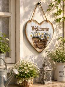 1PC Rustic Heart-Shaped Wooden Welcome Sign, Daisy Basket Garden Fence Decoration, Farmhouse Style Door Handle Ornament, Suitable For Porches, Terraces, Patios, And Other Spring Home Decor. - Multicolor - View 6