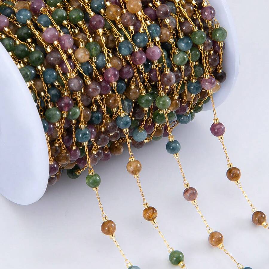 1m Colorful Stone Chain Stainless Steel Round Bead Chain, Suitable For Necklace, Bracelet And DIY Jewelry Making Accessories