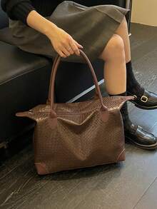 鱷魚壓紋歐美風個性化大容量極簡托特包女款，新款絎縫通勤單肩包 - 咖啡 - 查看 9