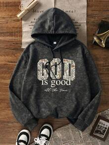 Women Vintage Washed Graphic Hoodie, Casual Oversized Pullover For Fall Winter Black - Black - View 4