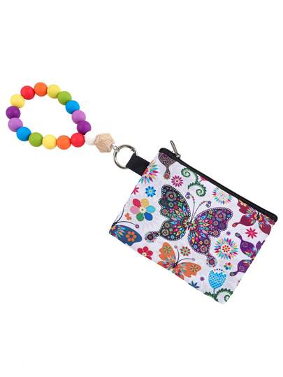 1PC Zipper Coin Purse Wrist Keychain, Macaron Silicone Bead Wristlet, Floral Dog Butterfly Mini Pouch, Wrist Wallet For Keys Cards, Cute Daily Gift