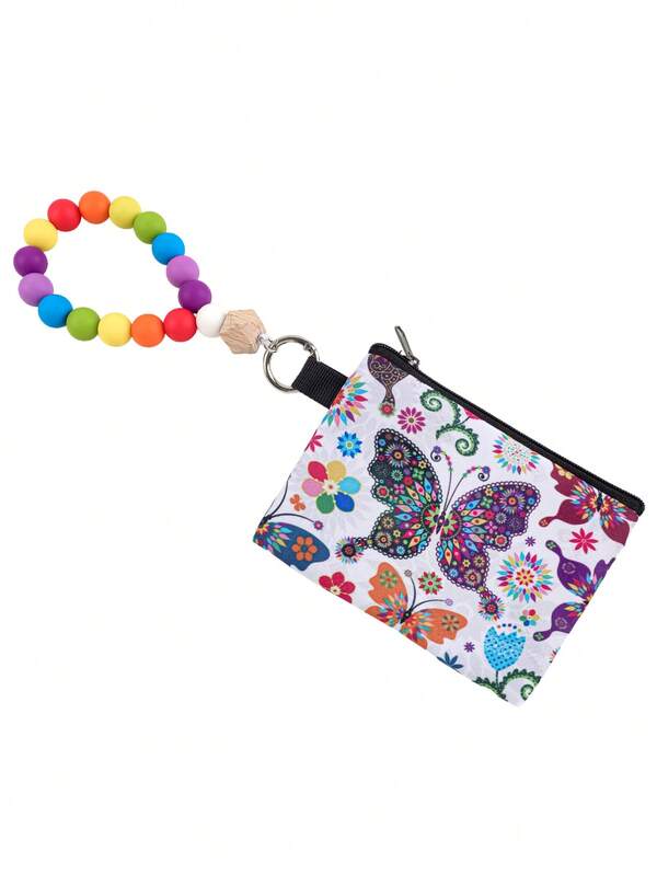 1 Adet Fermuarlı Bozuk Para Cüzdanı Bilek Anahtarlığı, Makaron Silikon Boncuklu Bileklik, Çiçekli Köpek ve Kelebek Desenli Mini Çanta, Anahtar ve Kartlar İçin Bilek Cüzdanı, Sevimli Günlük Hediye