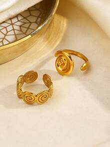 2pcs Stainless Steel Summer Vacation Style Ribbed Rings, Suitable For Women To Wear At The Beach - Gold - View 5