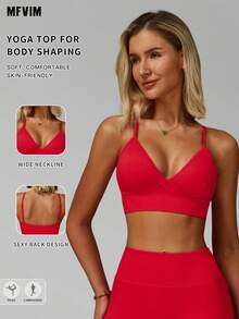 MFVIM Seamless Yoga Bra Top With Adjustable Straps, Quick-Dry Sports Shirt For Running & Fitness, Breathable Gym Wear For Women - Red - View 2