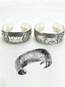 Brazalete ancho de plata vintage bohemio para mujer, brazalete de moda abierto grabado, joyería vintage bohemia - Plata antigua - Ver 12