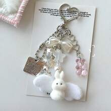 Cute Angel Rabbit Keychain With Bow And Wings, Flocked Material Handmade Bag Charm, Kawaii Handbag Pendant, Phone Charm Accessory - Multicolor - View 5