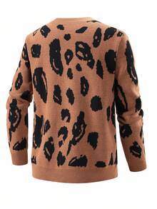 Men's V-Neck Leopard Print Knit Cardigan, Single-Breasted Long Sleeve Open Front Sweater Jacket, Casual Loose Knit Outerwear - Coffee Brown - View 3